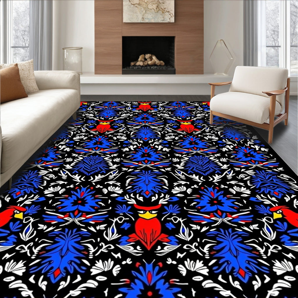 Red Cardinal Blue Floral Symmetry Rug