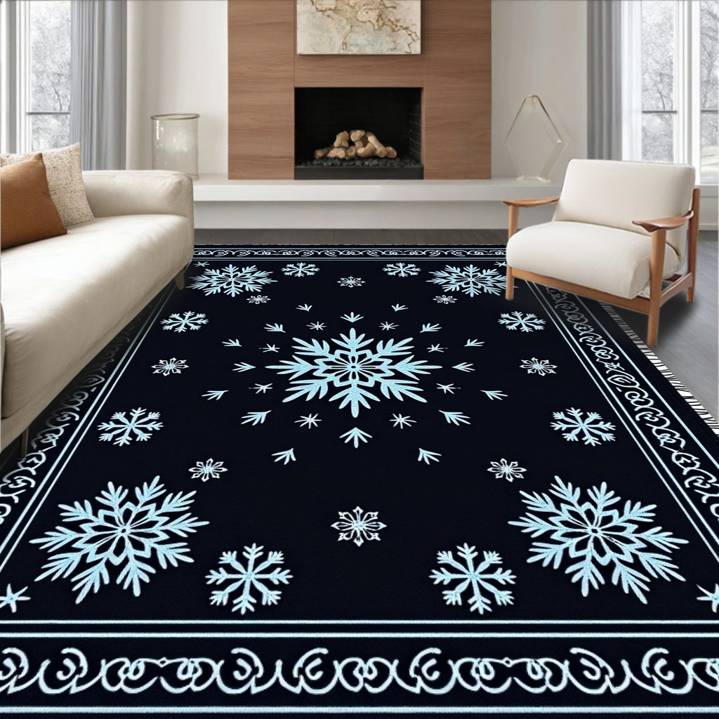 Navy Blue Snowflake Winter Ice Rug