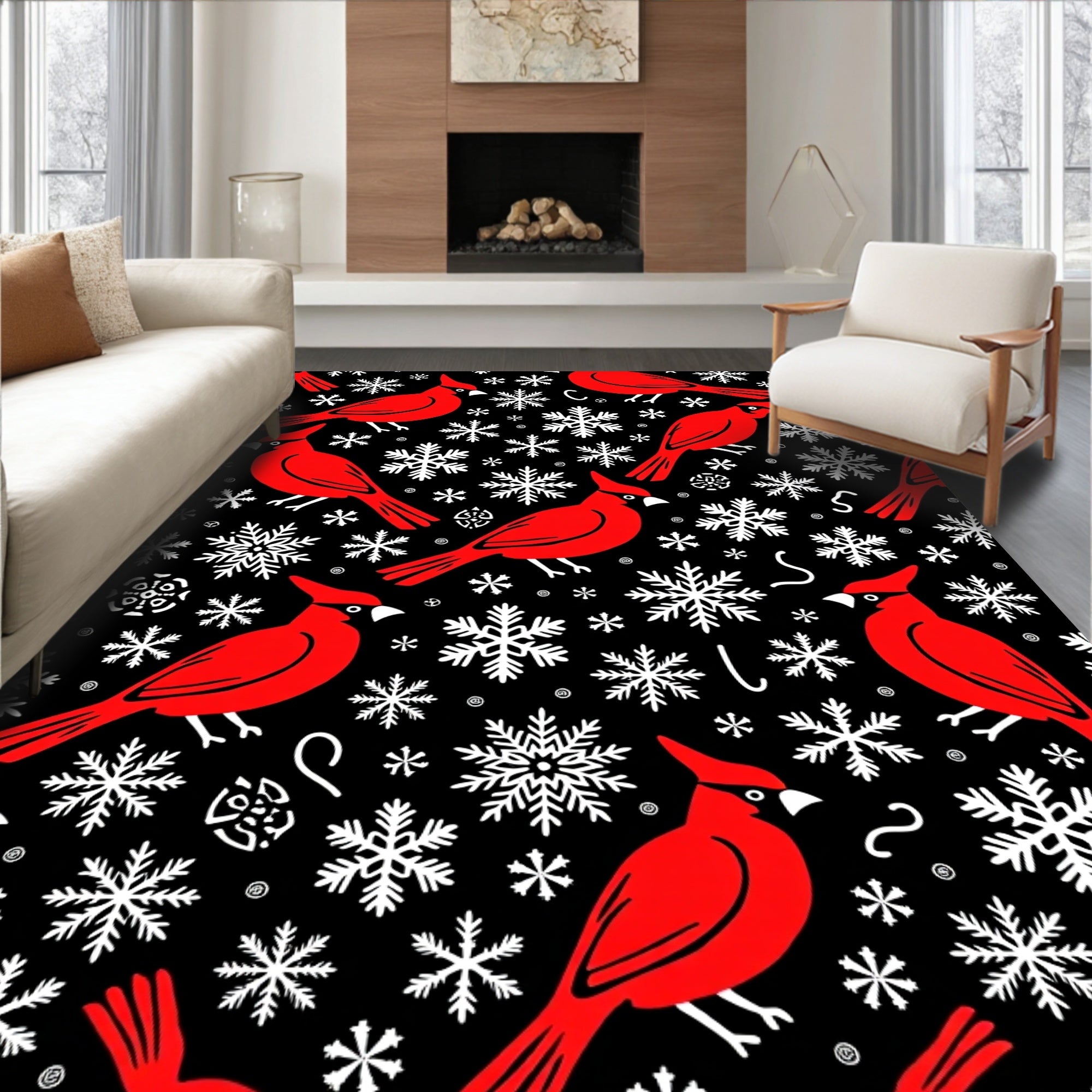 Red Cardinal Snowflakes Black Background Rug