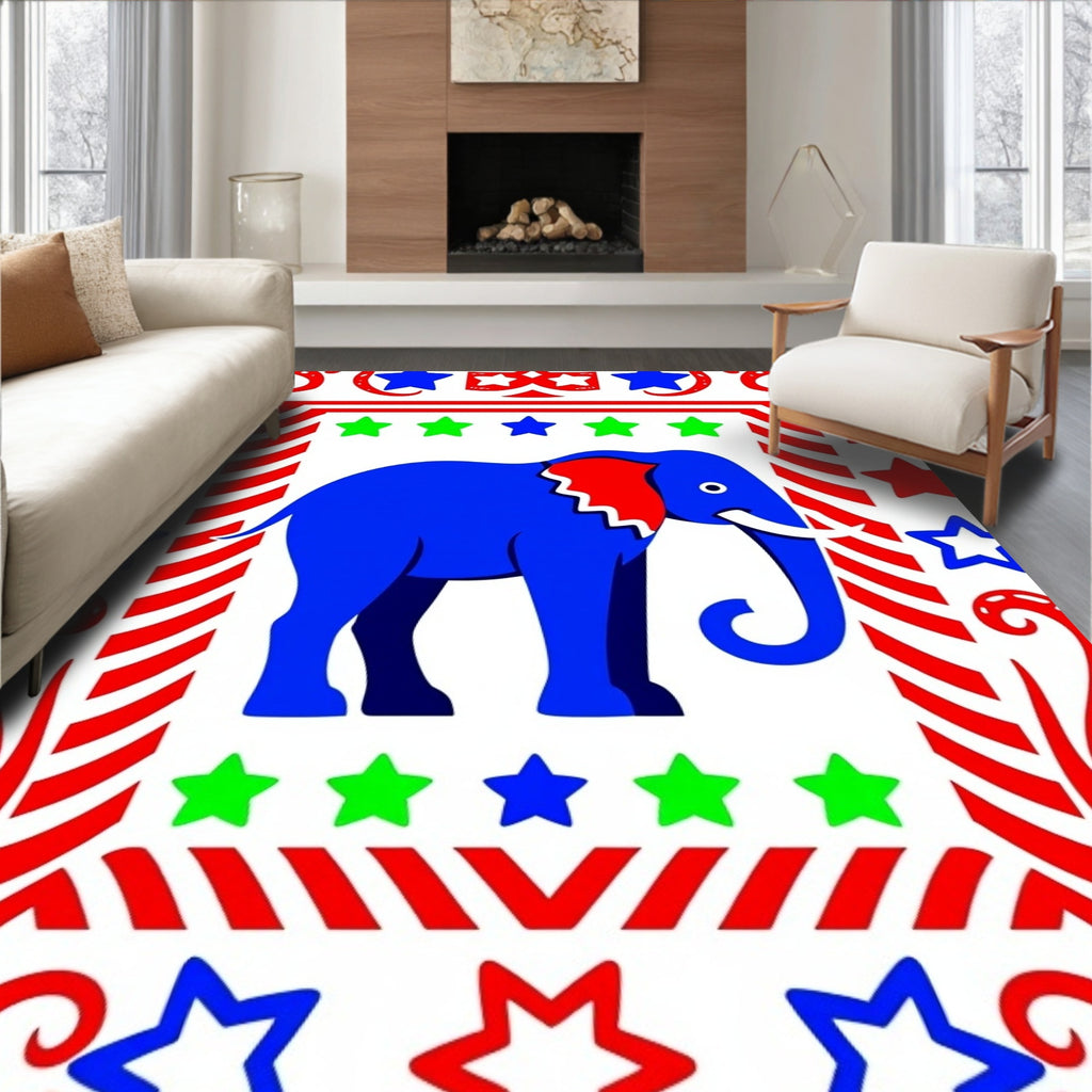 Bold Blue Elephant Red Stars Border Rug