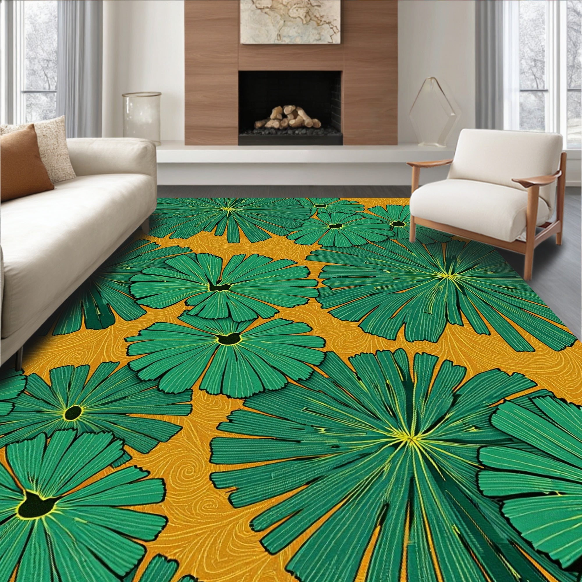 Vibrant Green Lotus Mustard Swirl Rug