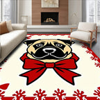 Festive Cream Pug Red Bow Rug