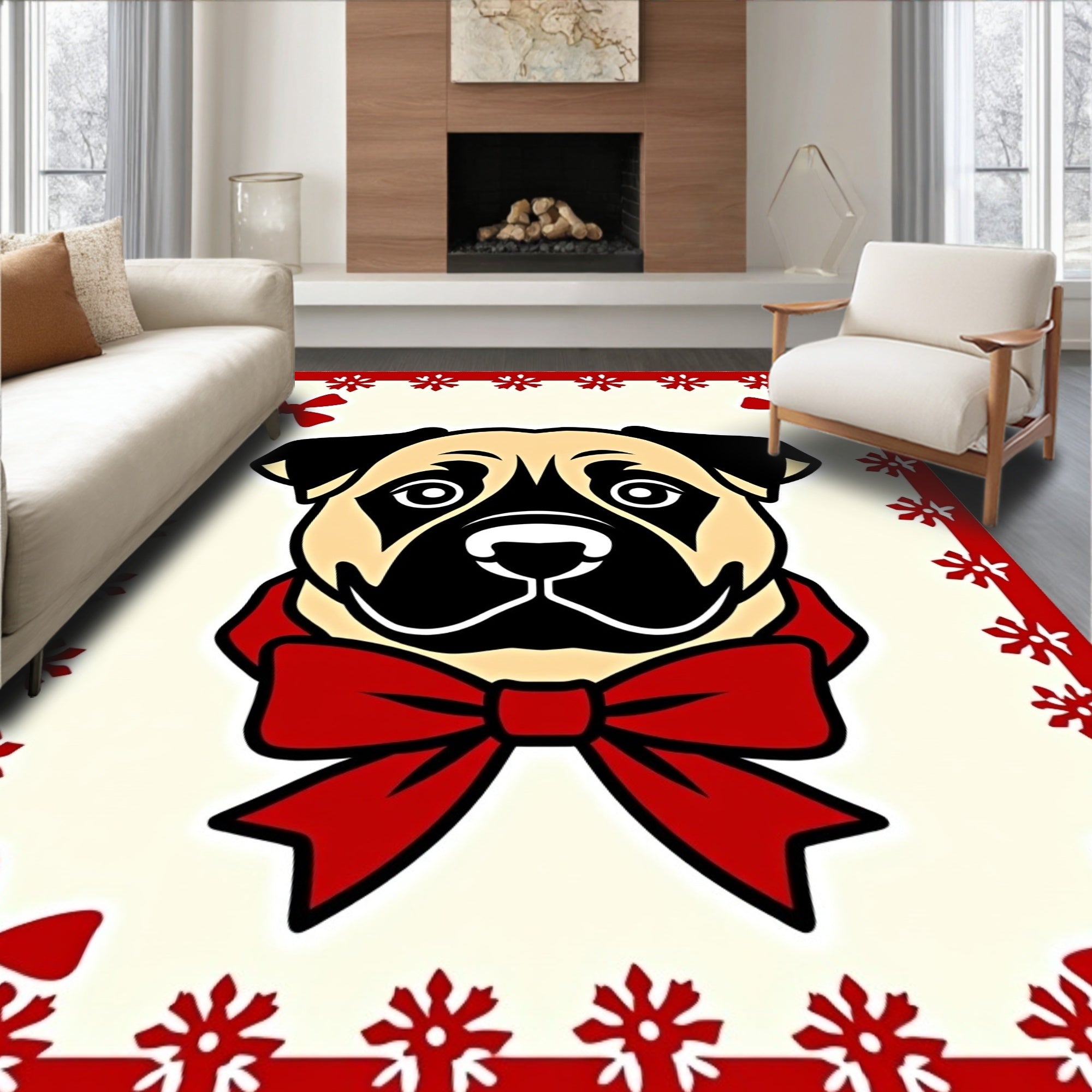 Festive Cream Pug Red Bow Rug
