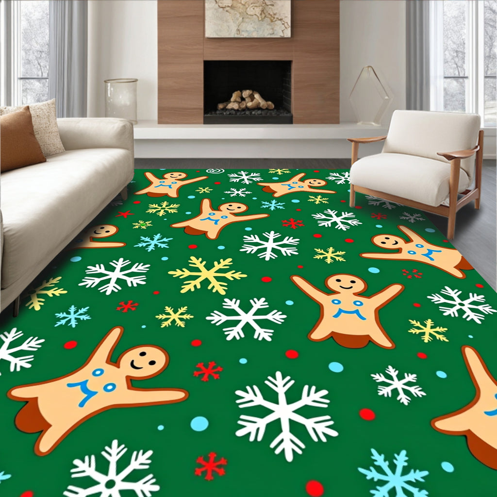Festive Gingerbread Snowflakes Green Rug
