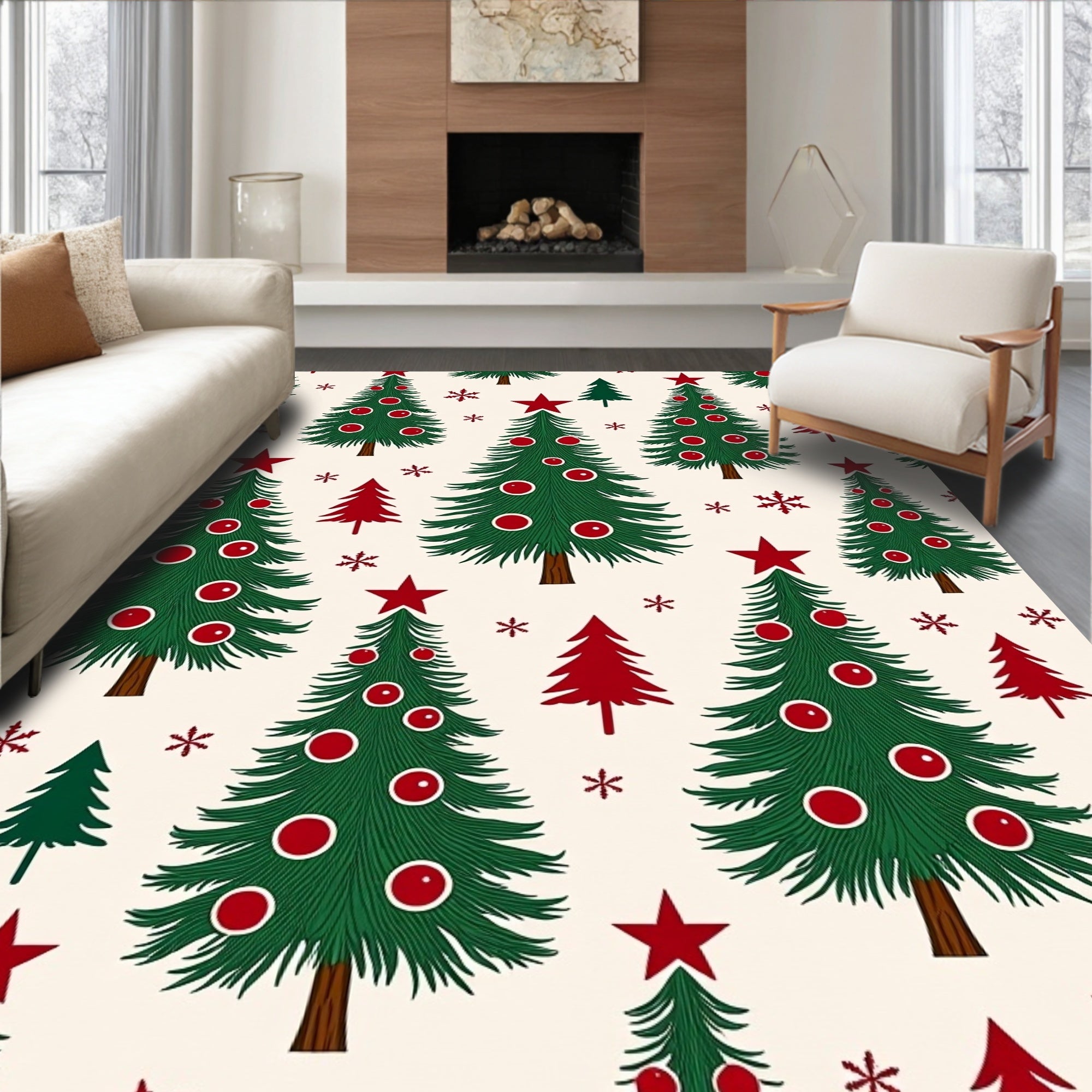 Vintage Green Christmas Trees Red Stars Rug