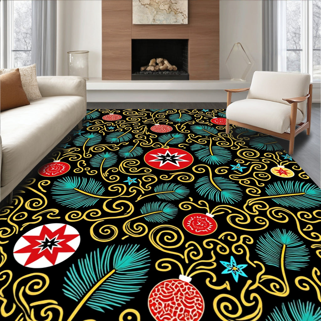 Festive Holiday Ornaments Swirl Red Teal Rug