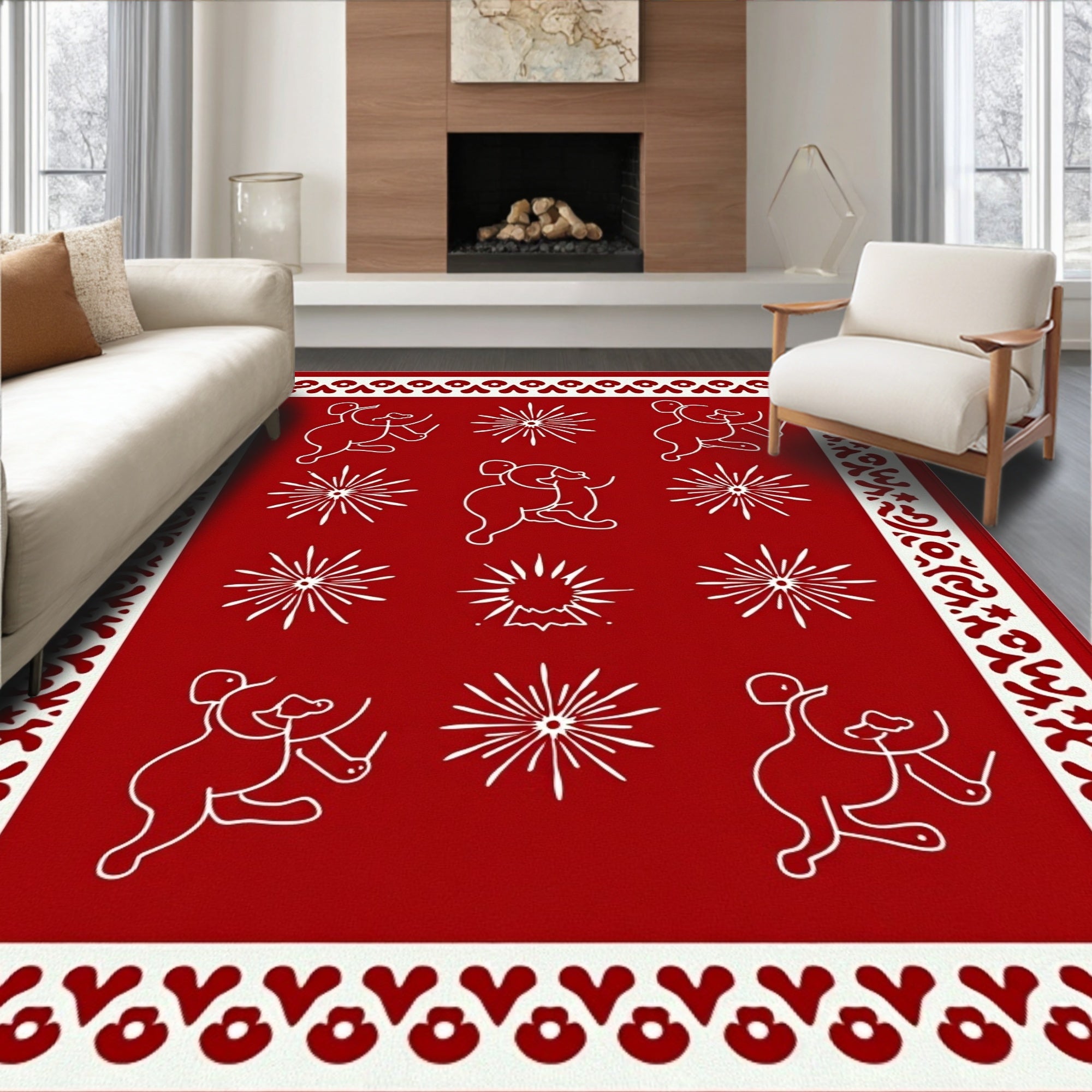 Red And White Whimsical Figures Fireworks Rug