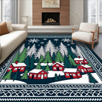 Snowy Village Forest Winter Scene Rug
