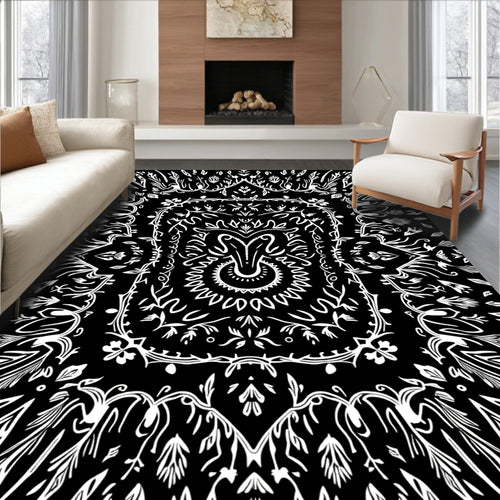 Black White Folk Art Garden Rug