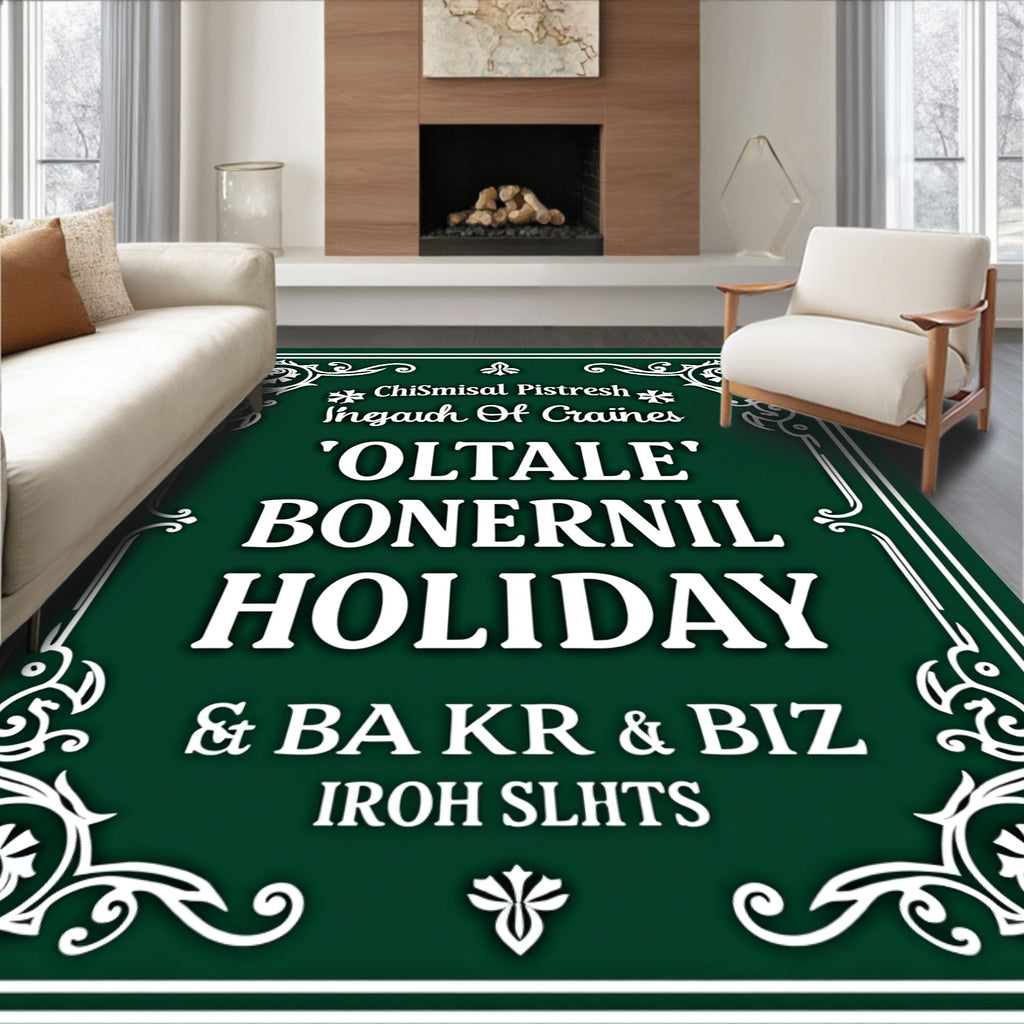 Dark Green Ornate Calligraphy Holiday Rug