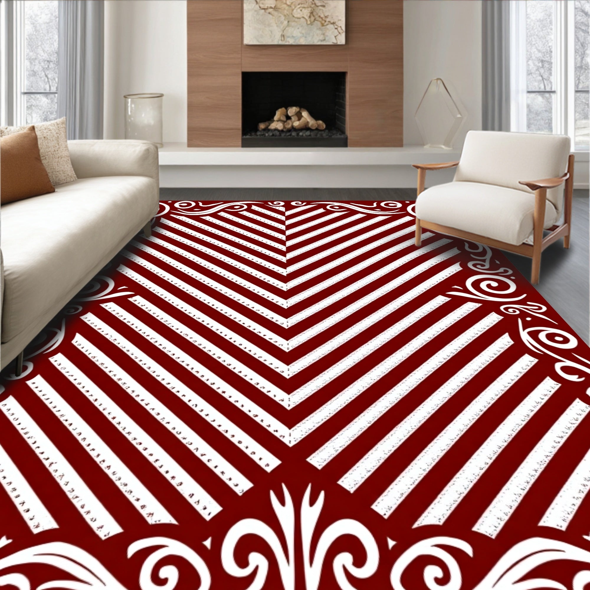 Crimson White Chevron Border Relief Rug