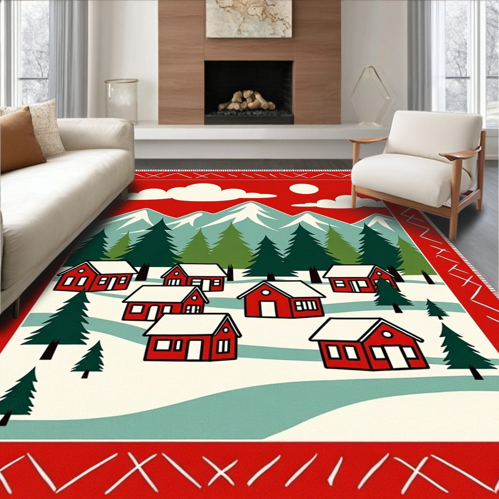 Cozy Red Village Mountain Scene Rug
