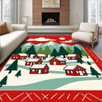 Cozy Red Village Mountain Scene Rug
