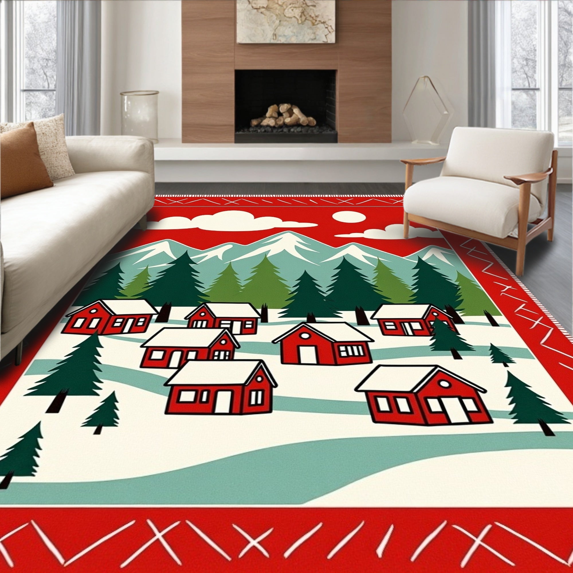Cozy Red Village Mountain Scene Rug