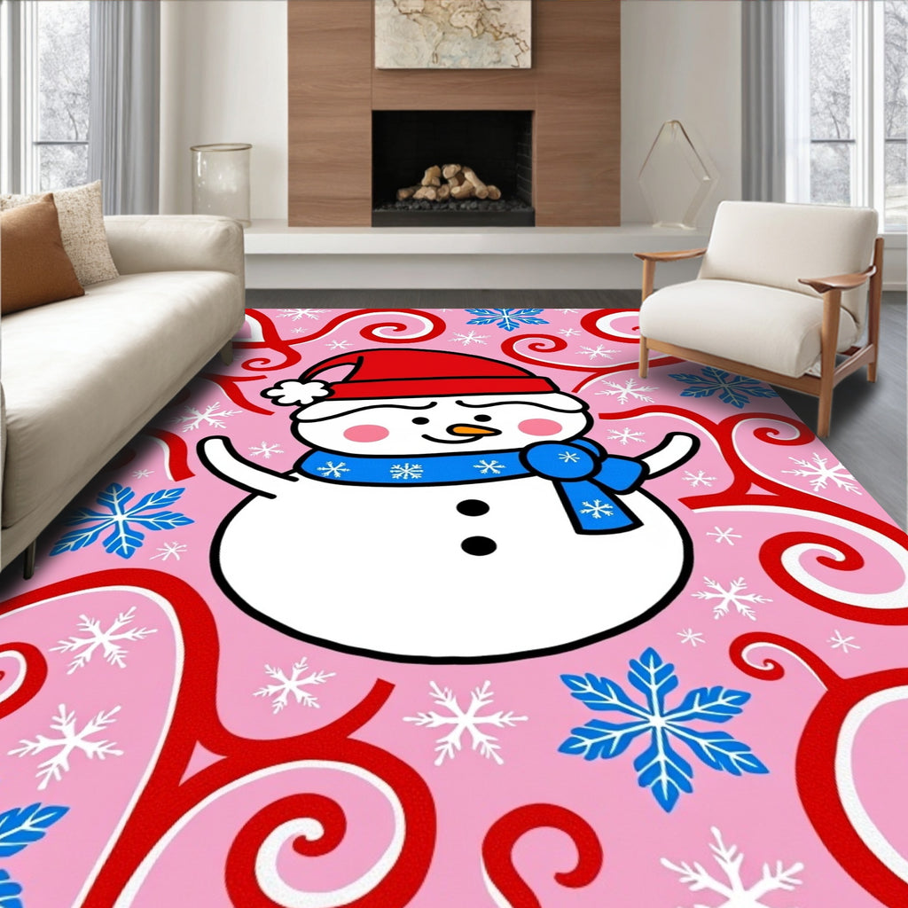 Pink Snowman Red Blue Snowflake Swirls Rug