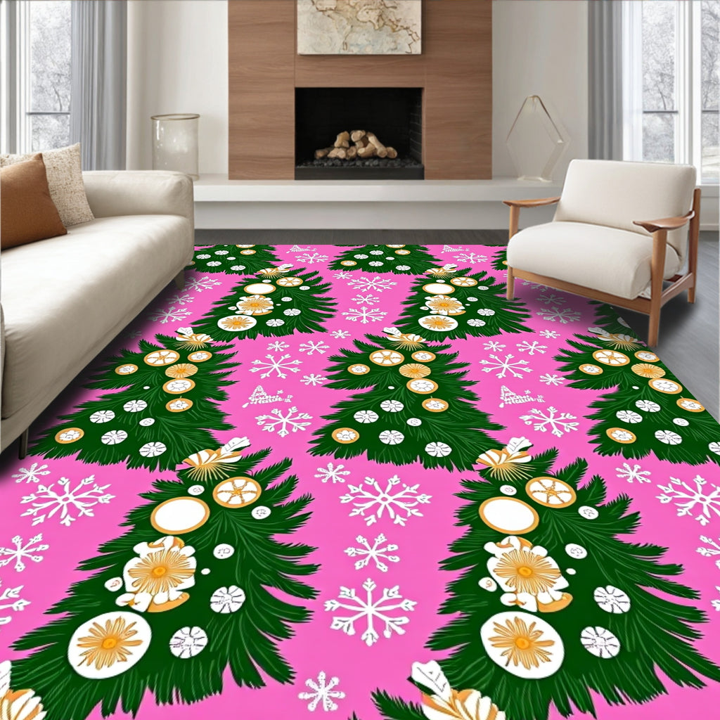 Festive Green Christmas Trees Snowflakes Rug