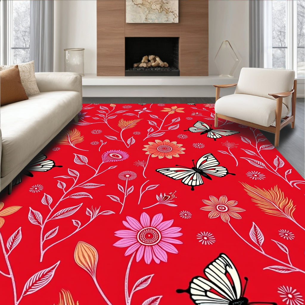 Crimson Butterfly Garden Whimsy Rug