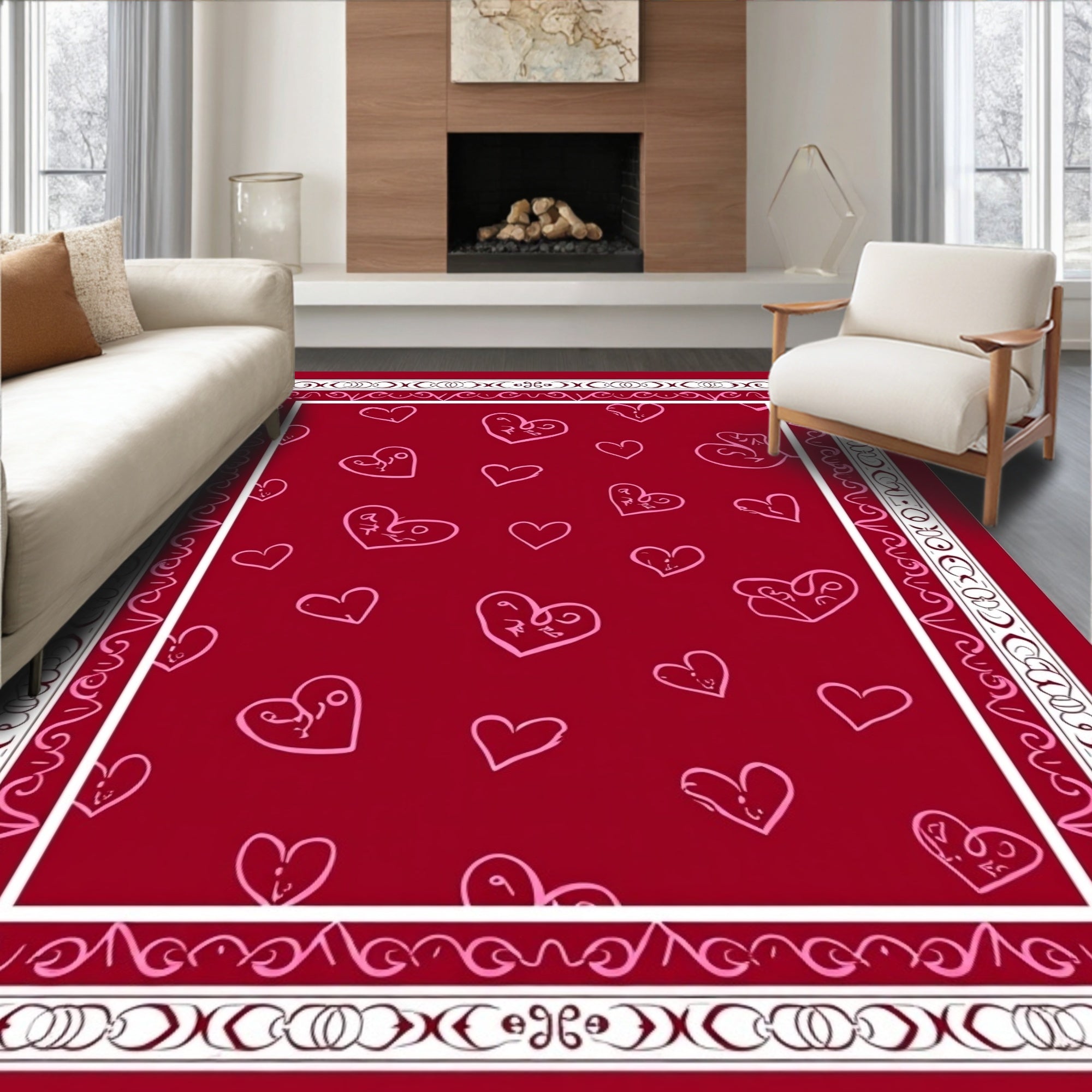 Crimson Hearts Whimsical Border Rug