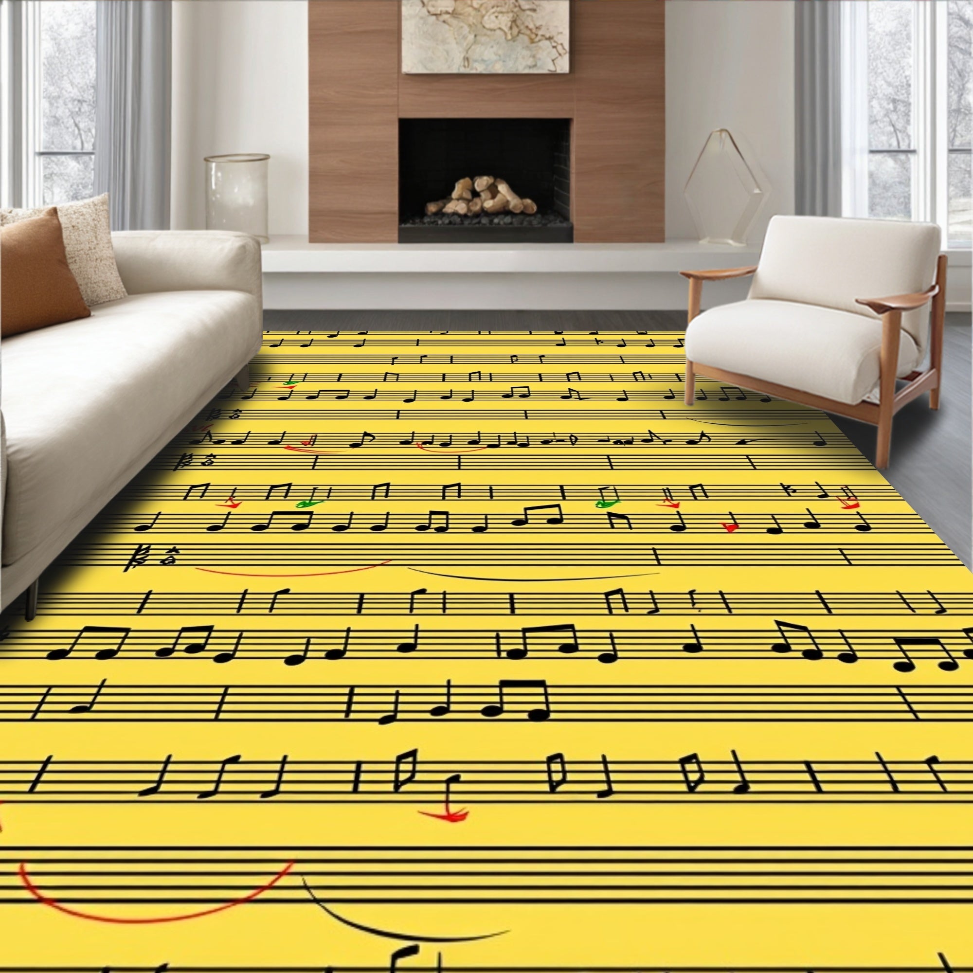 Black Music Notes Yellow Harmony Rug