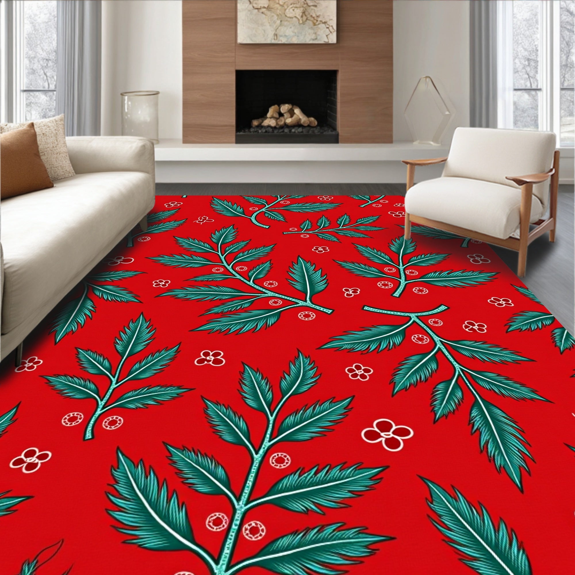 Radiant Red Teal Leafy Branches Rug
