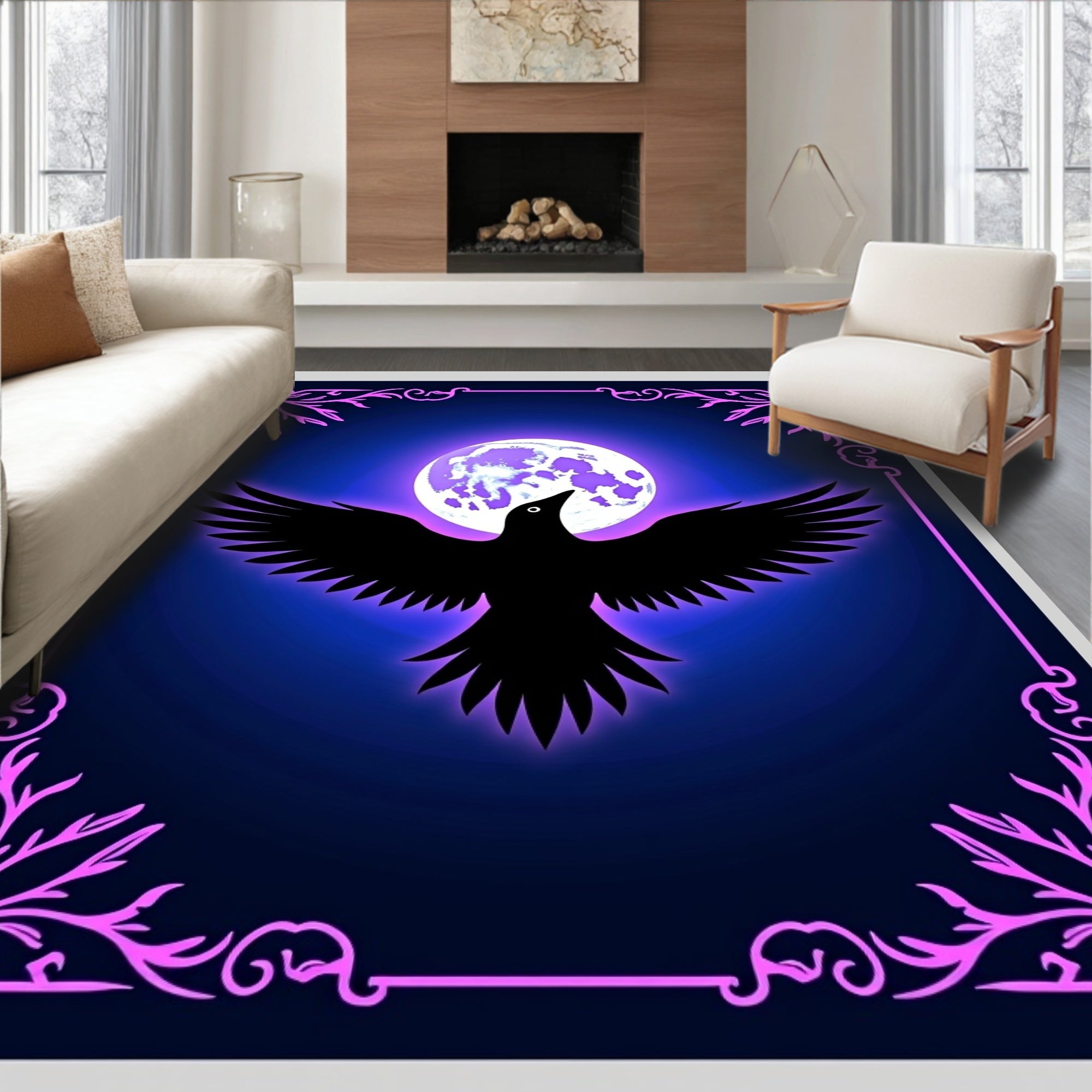 Mystical Raven Under Purple Moon Rug