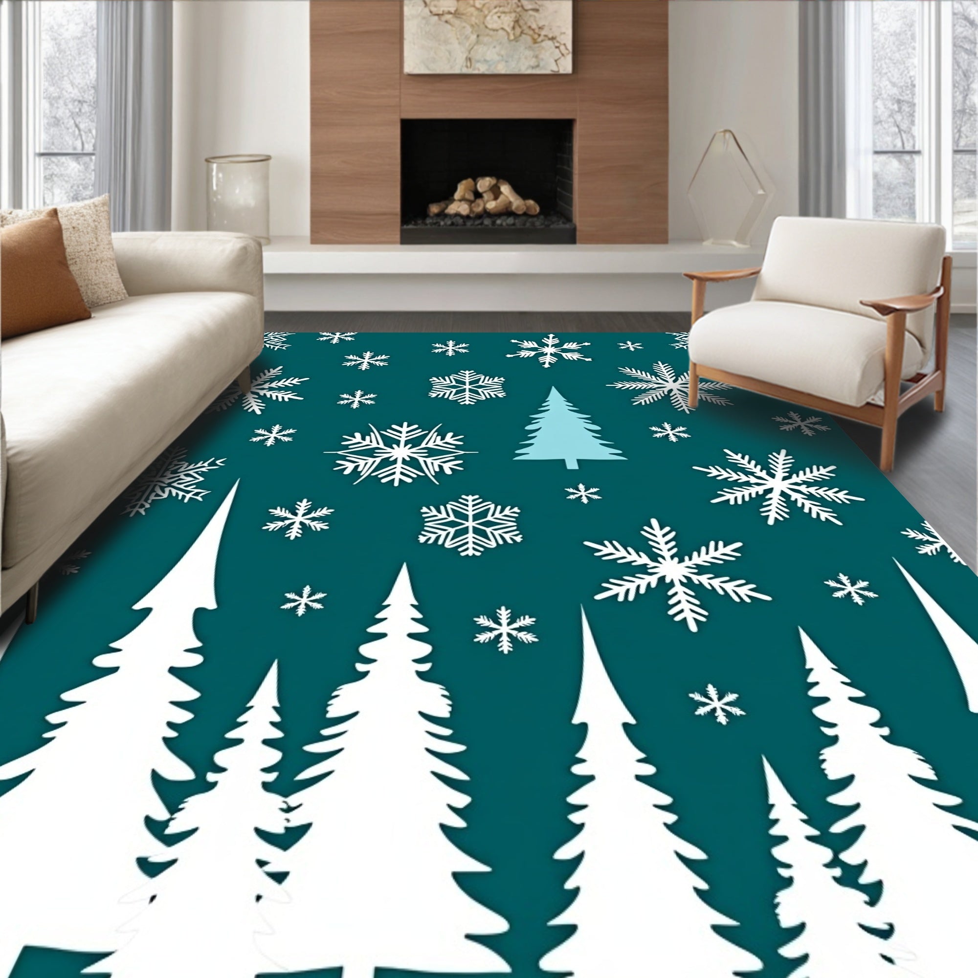 Teal Snowflake Forest Scene Rug