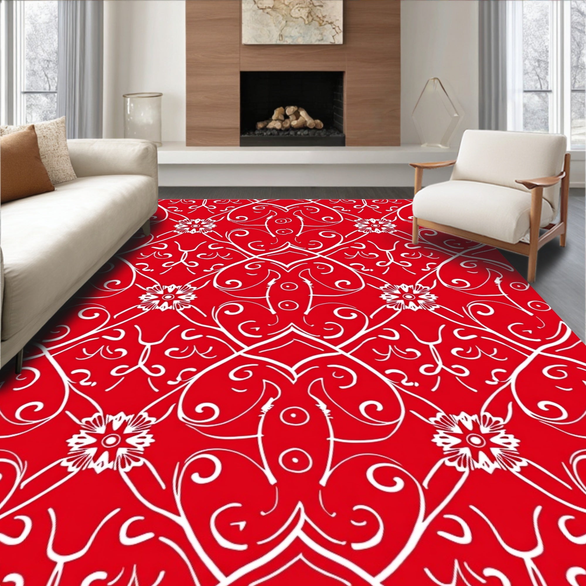 Crimson White Scrolling Floral Medallion Rug