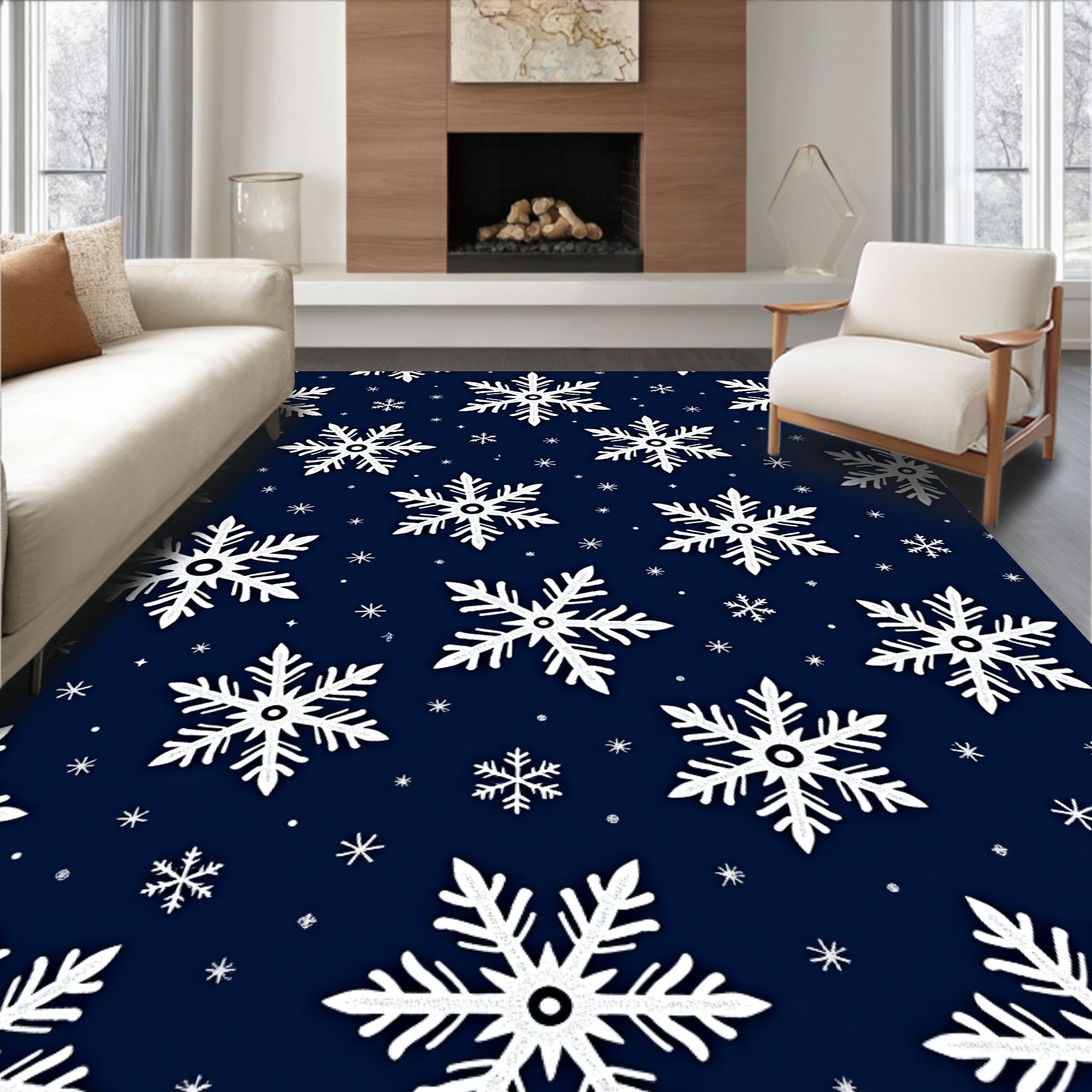 Winter White Snowflake Navy Blue Rug