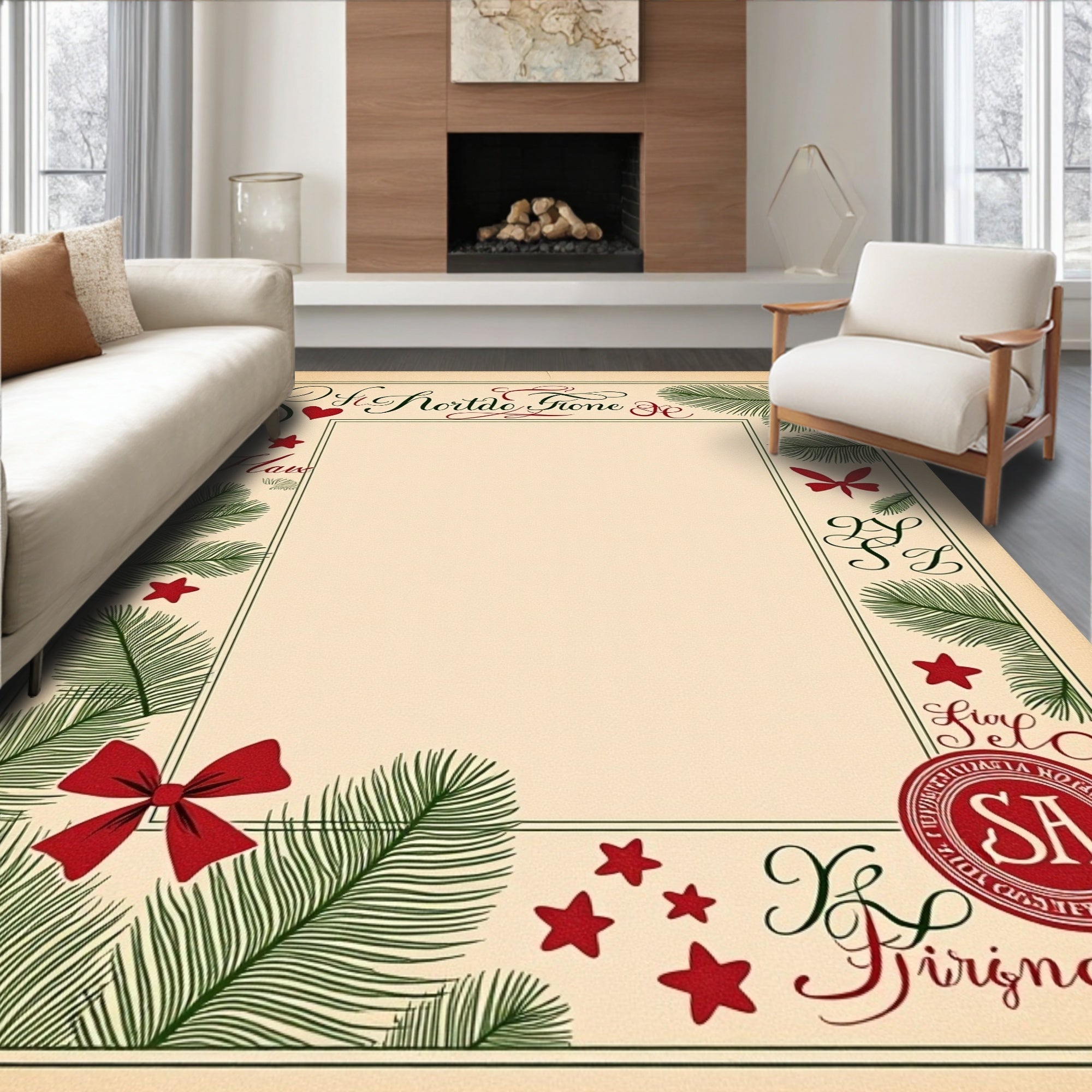 Festive Green Pine Sprigs Red Bows Rug