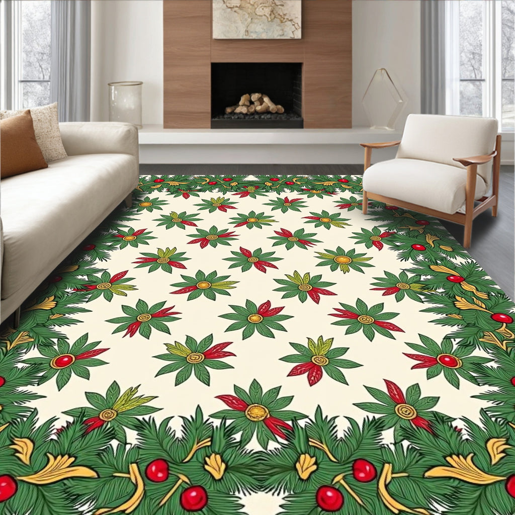 Festive Green Christmas Holly Border Rug
