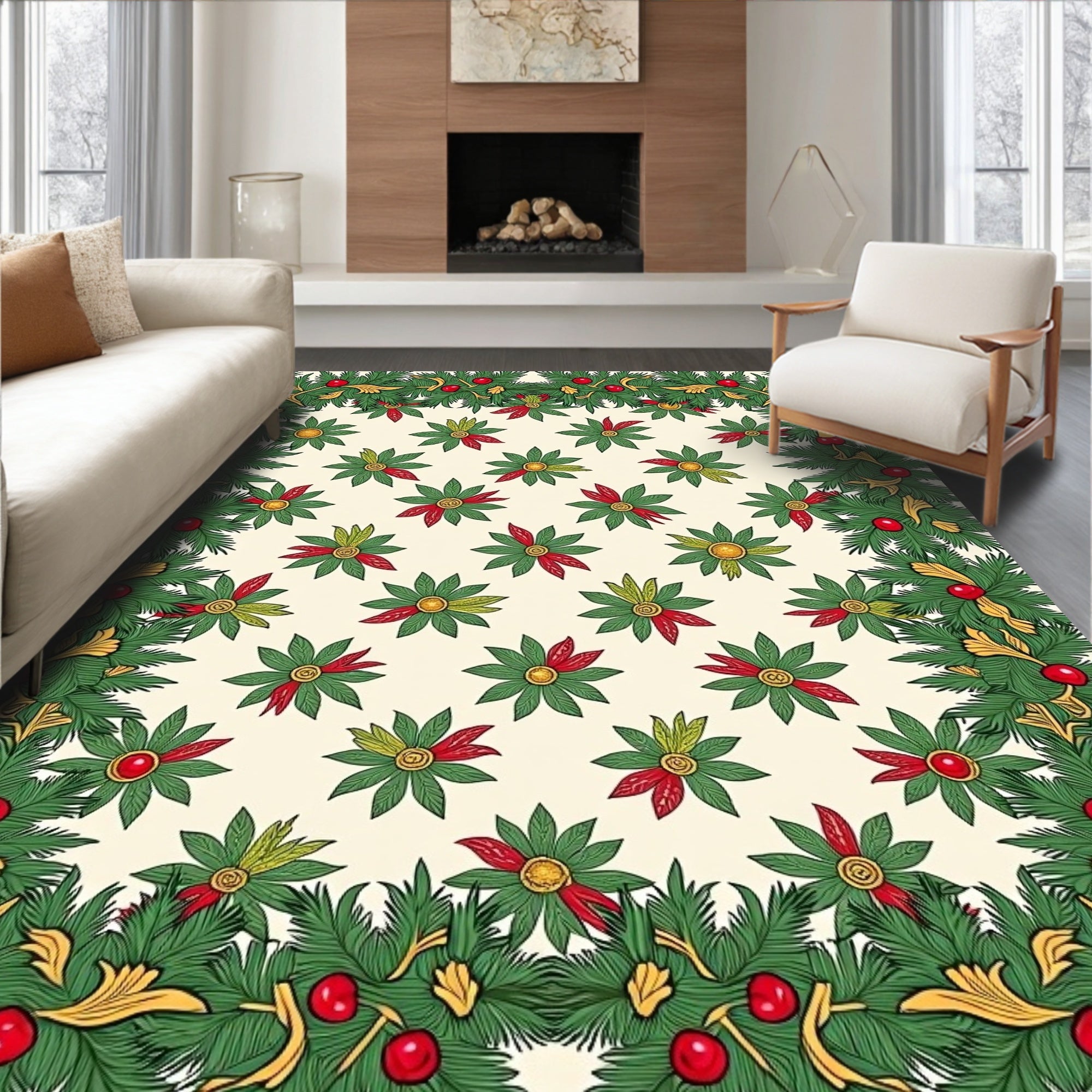 Festive Green Christmas Holly Border Rug