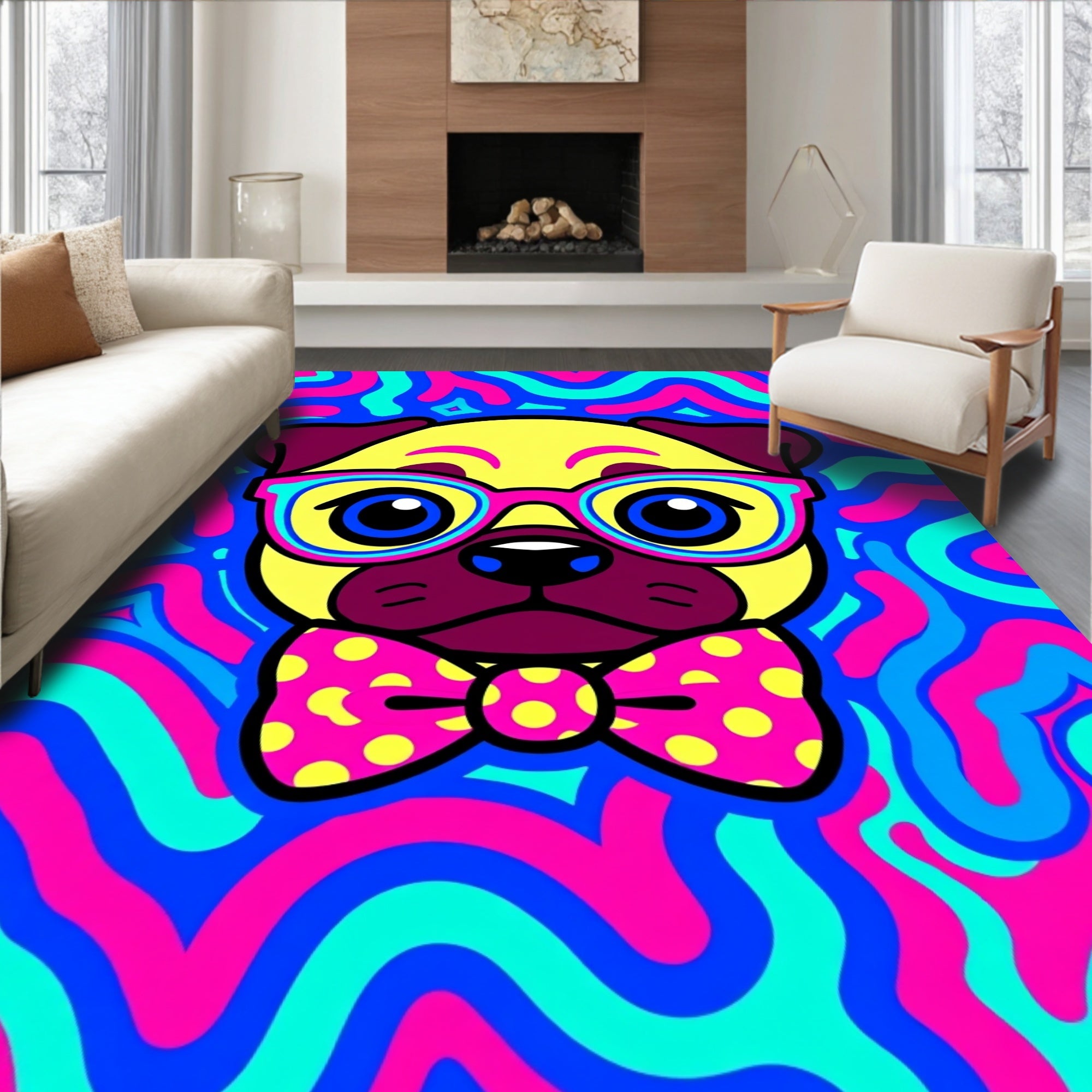 Vibrant Pug Psychedelic Bowtie Rug