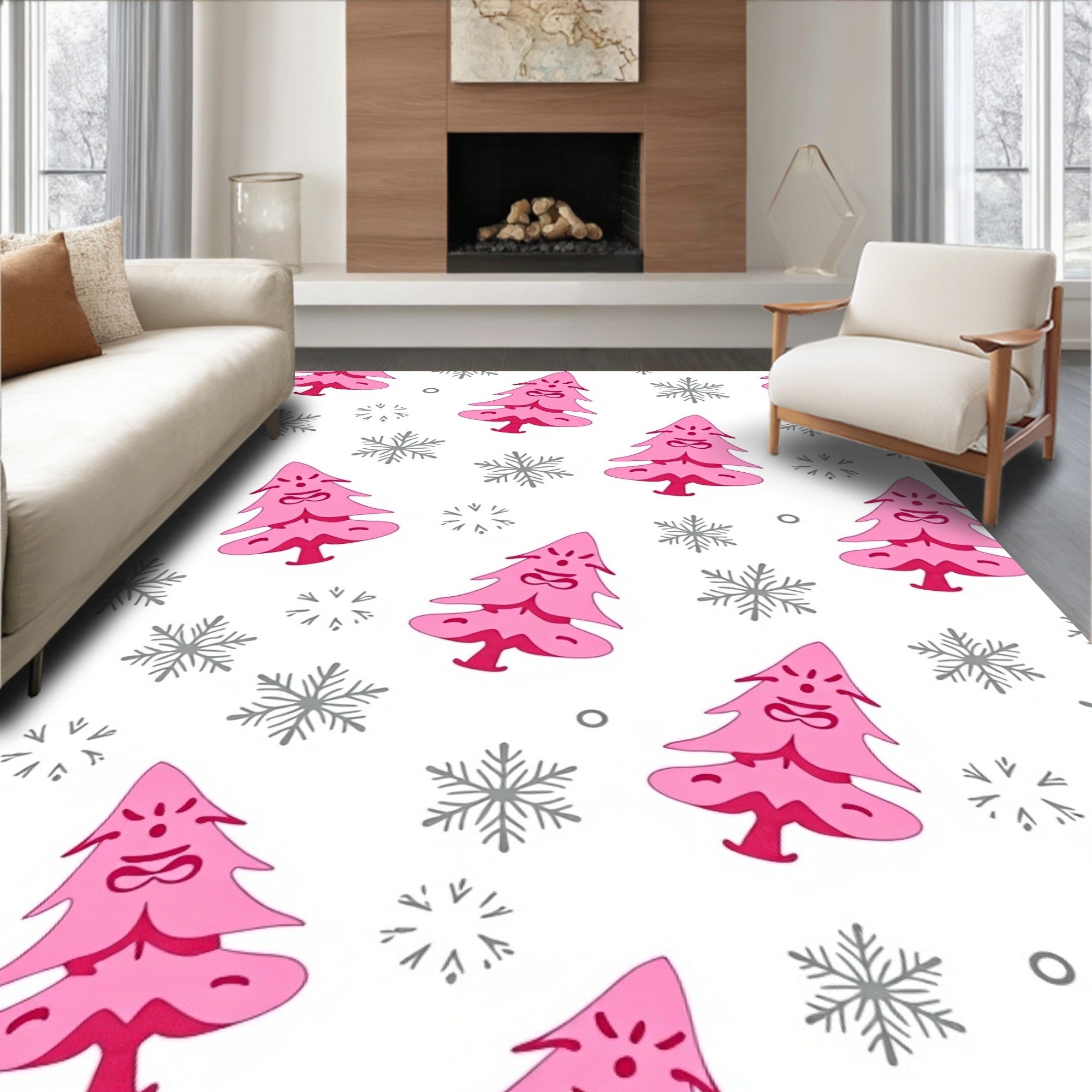 Whimsical Pink Grumpy Trees Snowflakes Rug