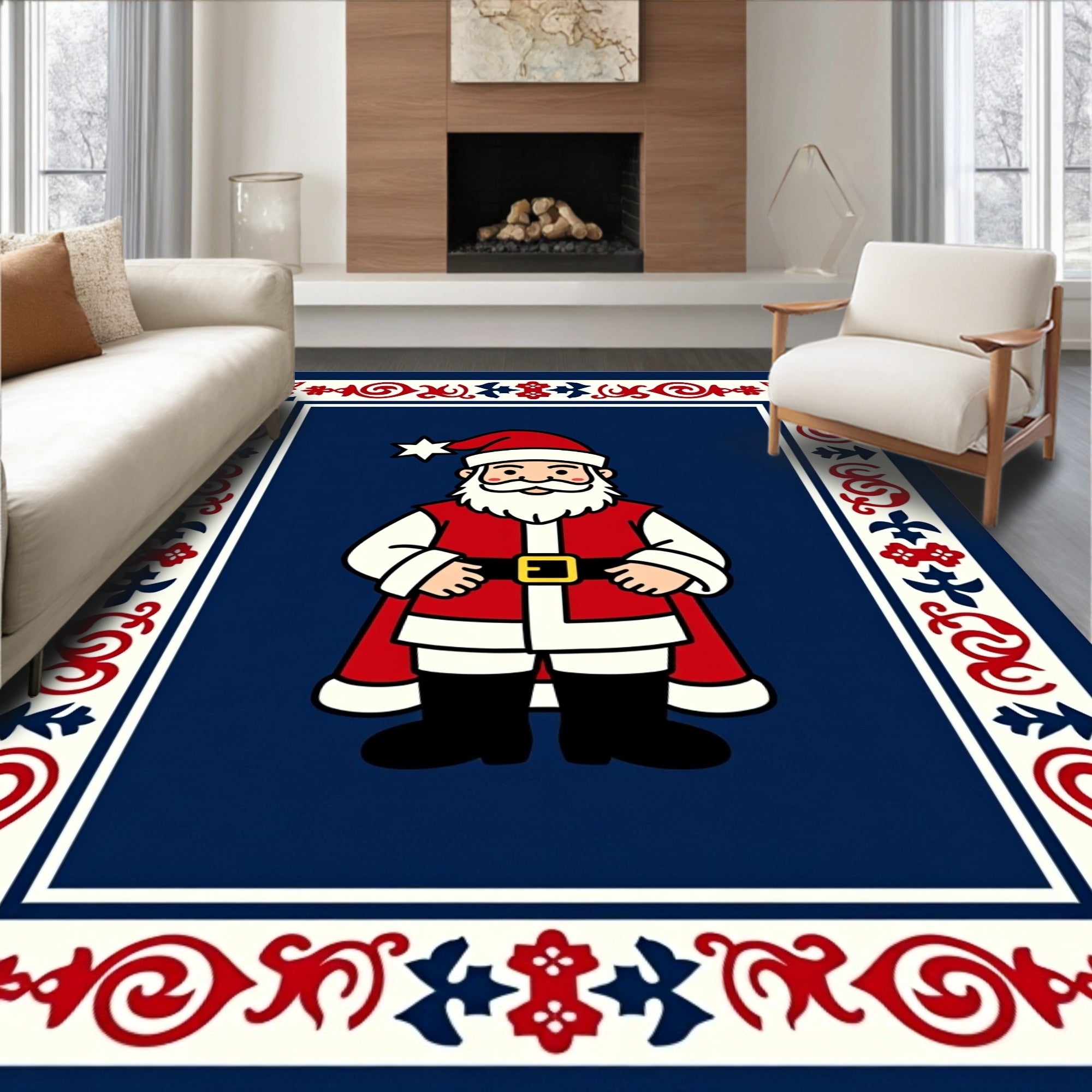 Christmas Santa Claus Red Blue Border Rug