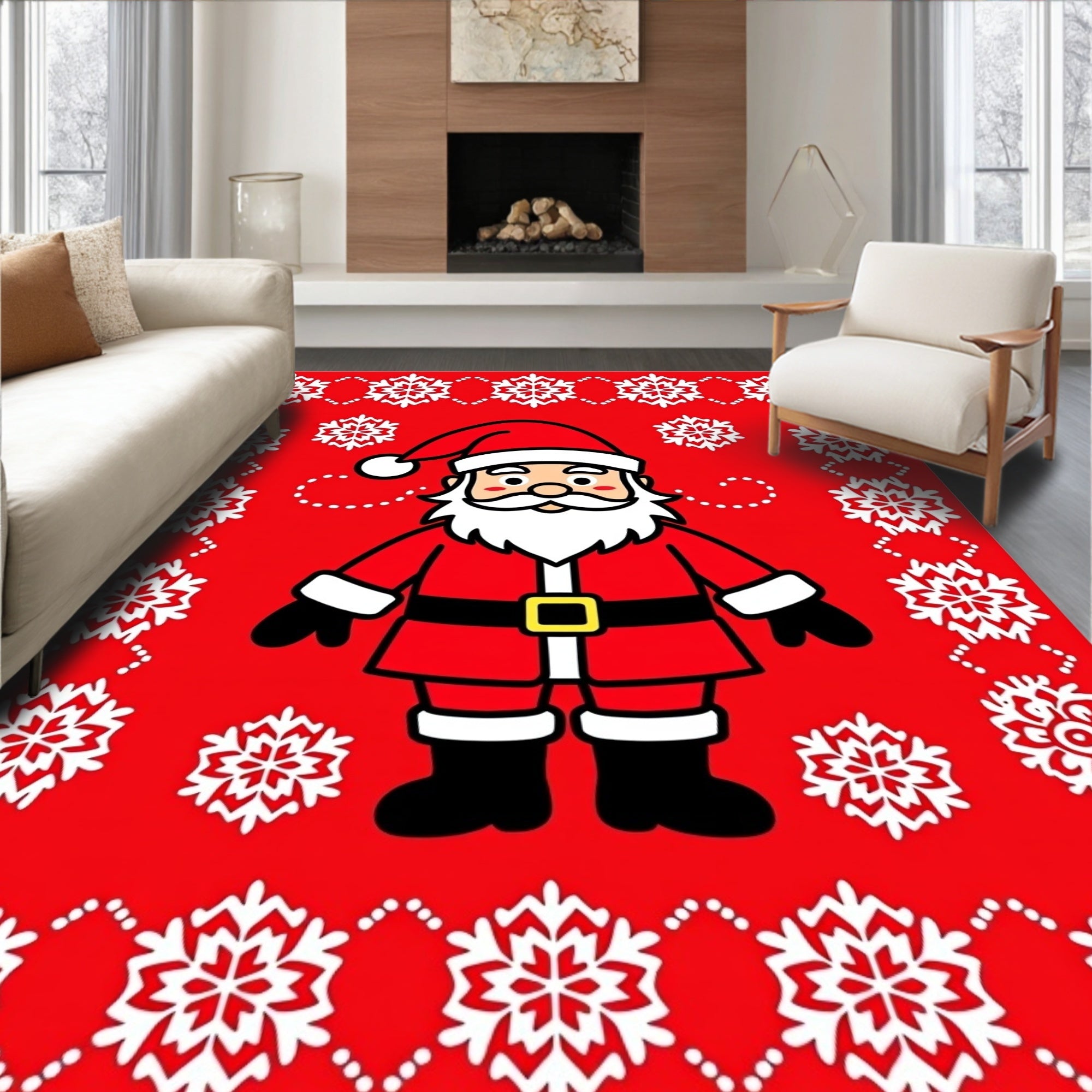 Festive Red Santa Snowflake Border Rug
