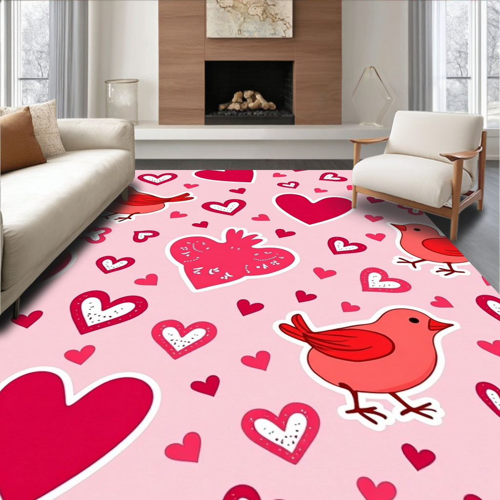 Pink Hearts And Red Birds Repetition Rug