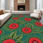 Red Sunburst Floral Green Leaf Rug