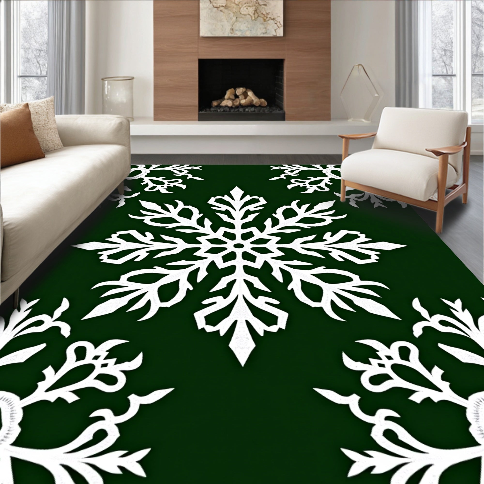 White Snowflake Forest Contrast Rug