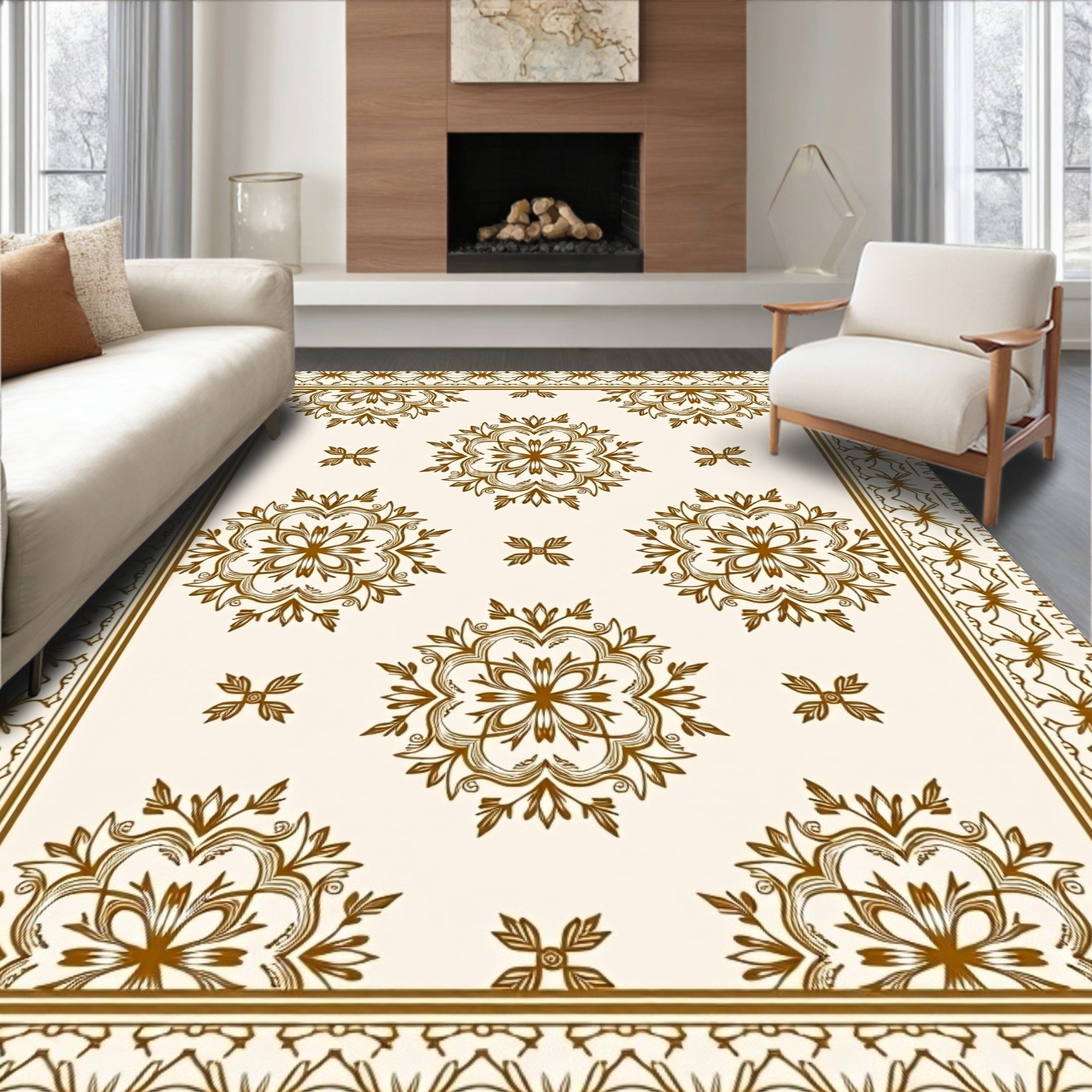 Antique Golden Floral Medallion Border Rug