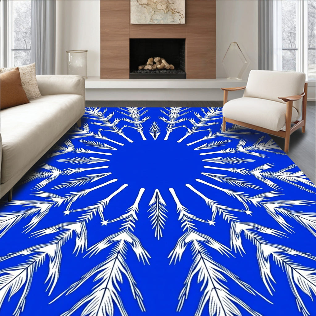 White Feather Mandalas on Blue Background Rug