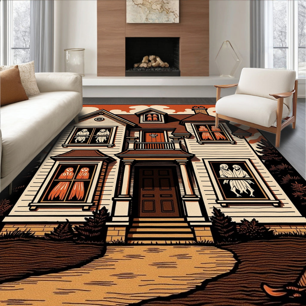 Haunted House Ghost Orange Brown Rug
