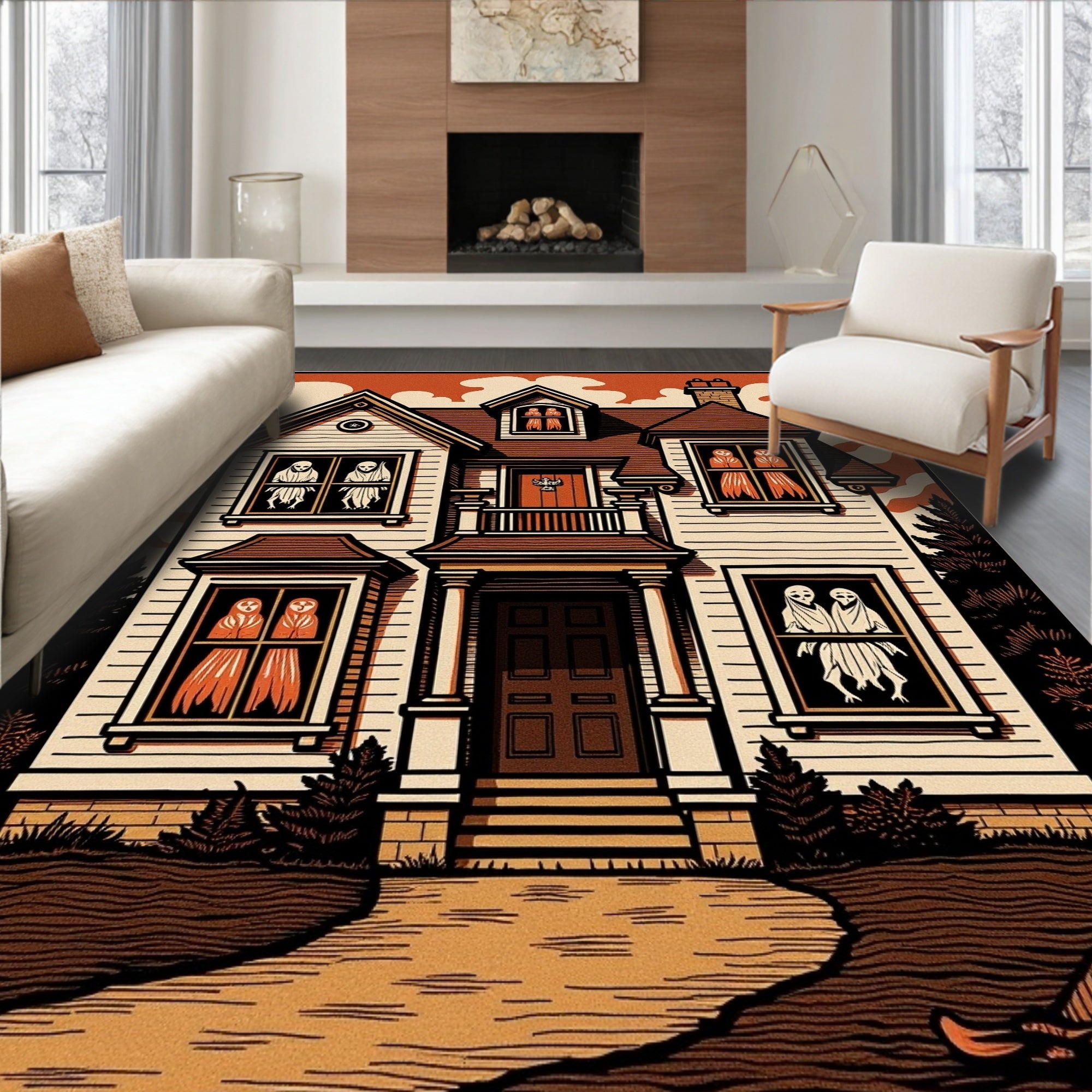 Haunted House Ghost Orange Brown Rug