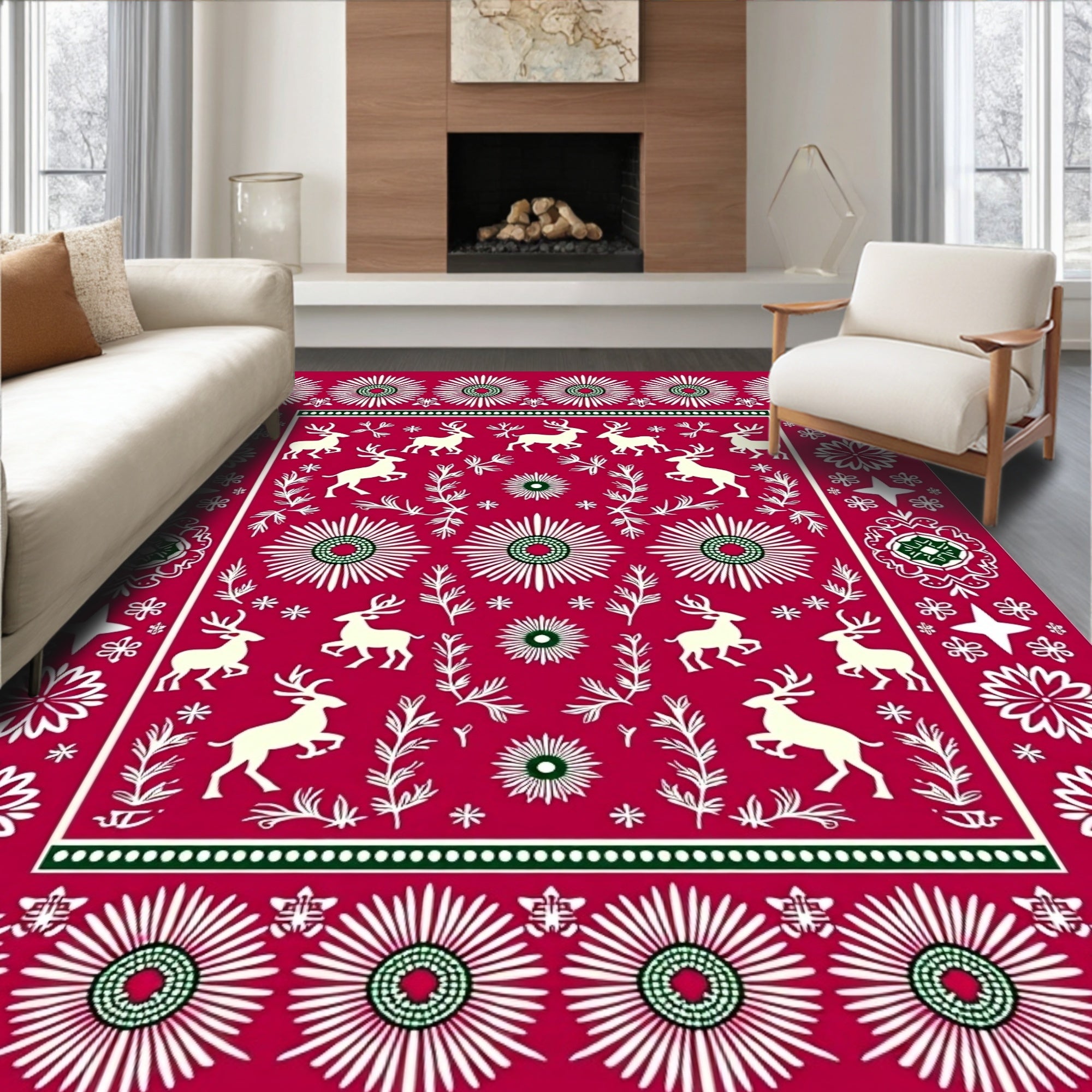 Crimson Reindeer Star Floral Border Rug