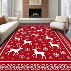 Red Winter Reindeer Snowflake Border Rug