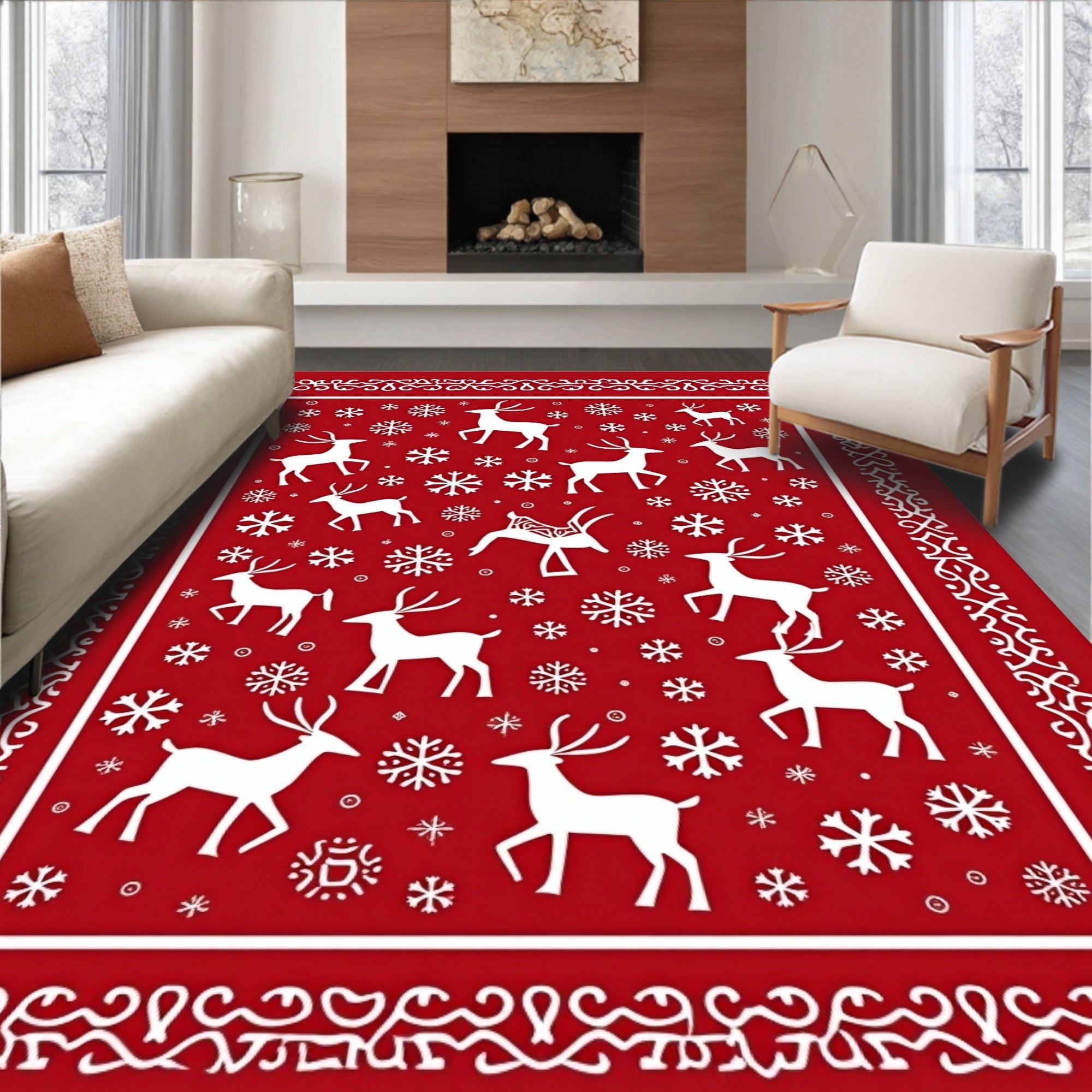 Red Winter Reindeer Snowflake Border Rug