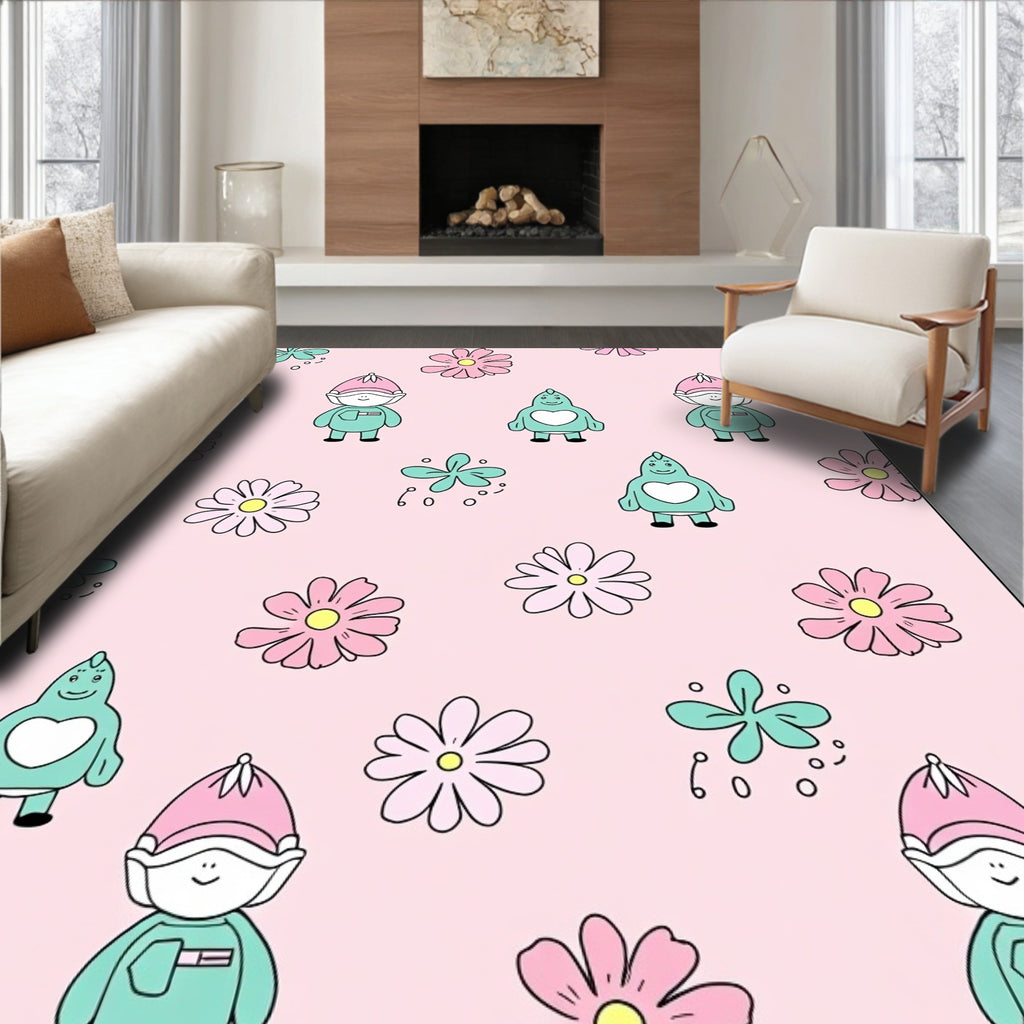 Pink Pastel Gnome Monster Floral Meadow Rug