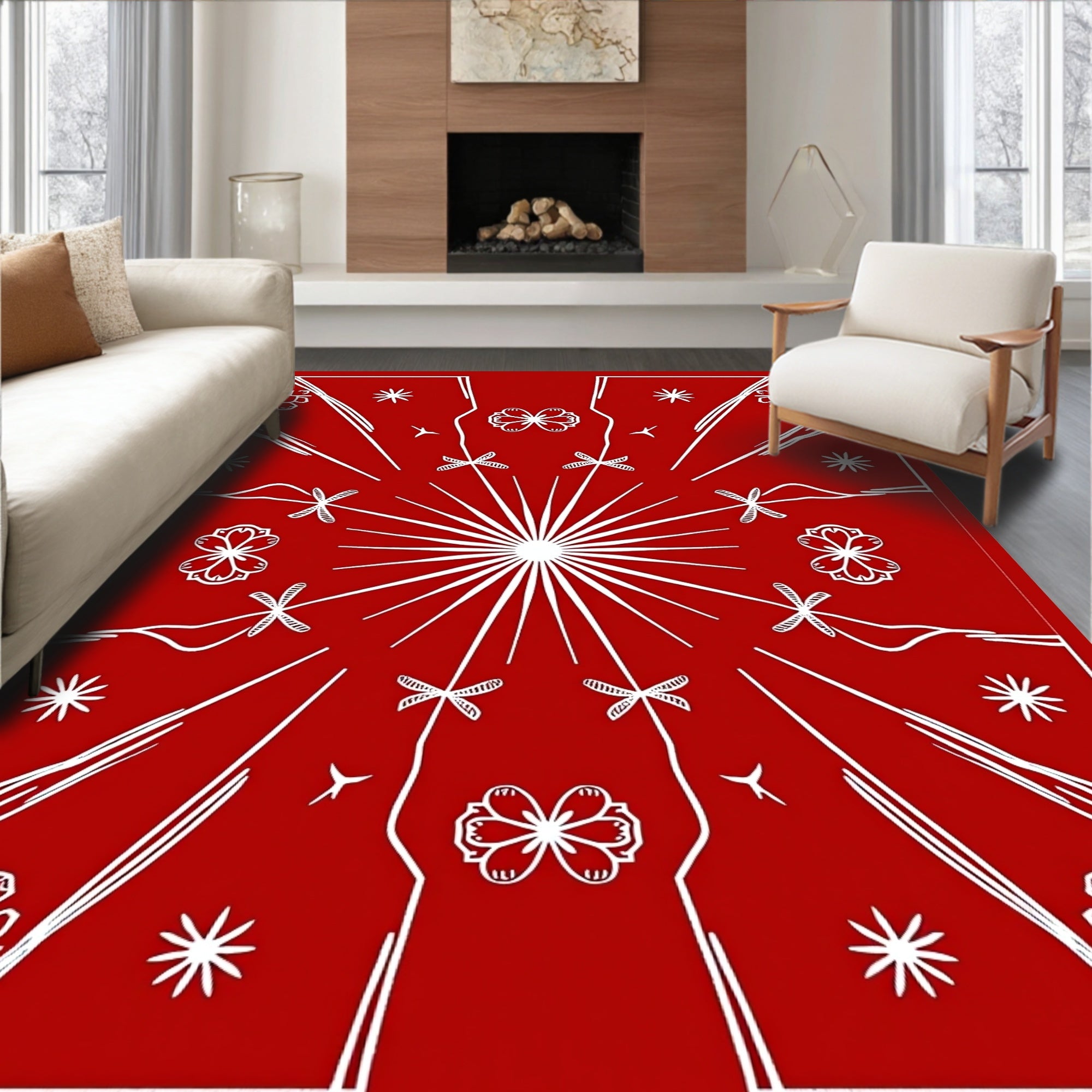 Crimson Starburst Floral Medallion Rug