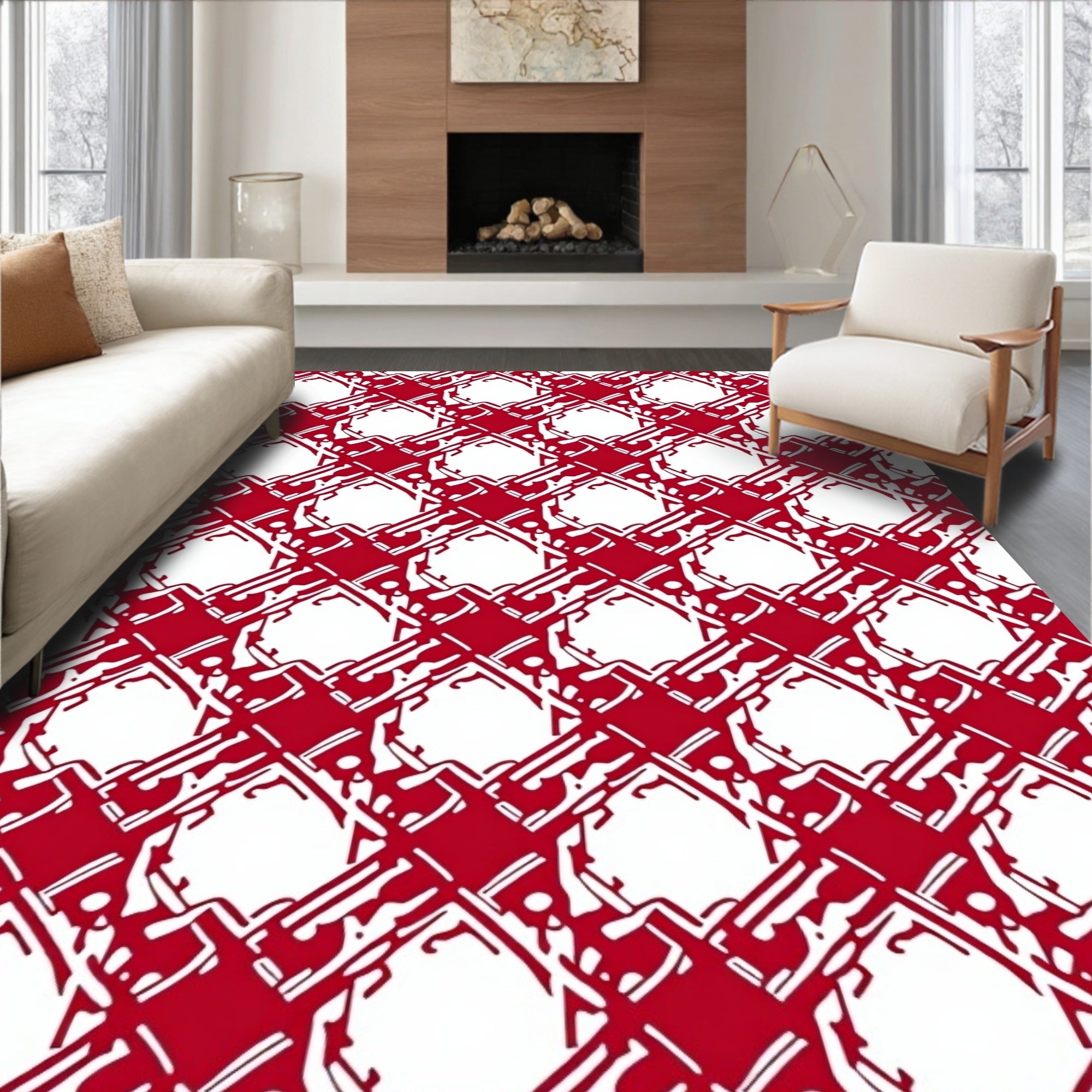 Crimson Interlocking Geometric Lattice Rug