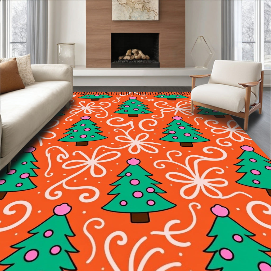 Vibrant Orange Christmas Tree Swirl Rug