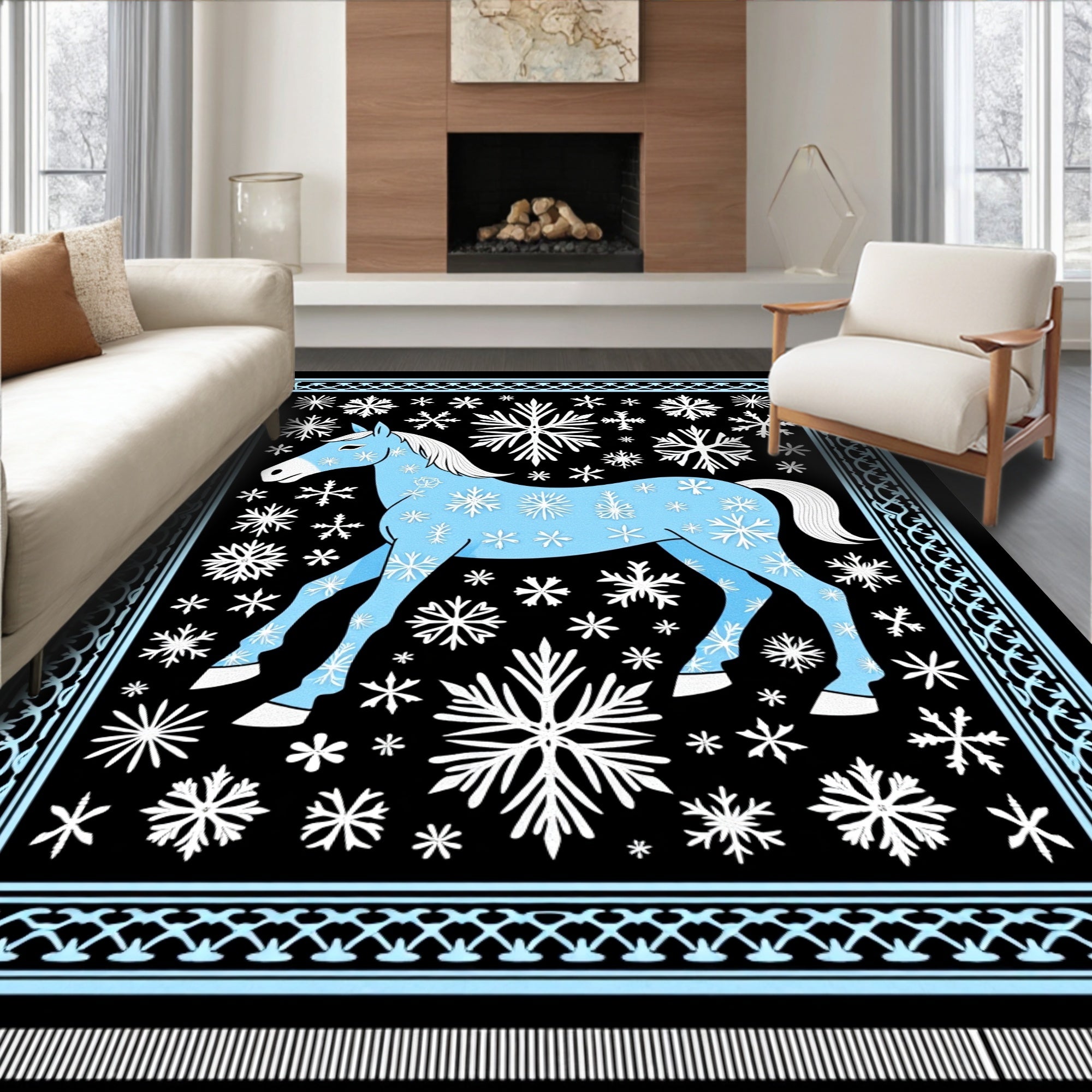 Sky Blue Horse Snowflake Winter Scene Rug